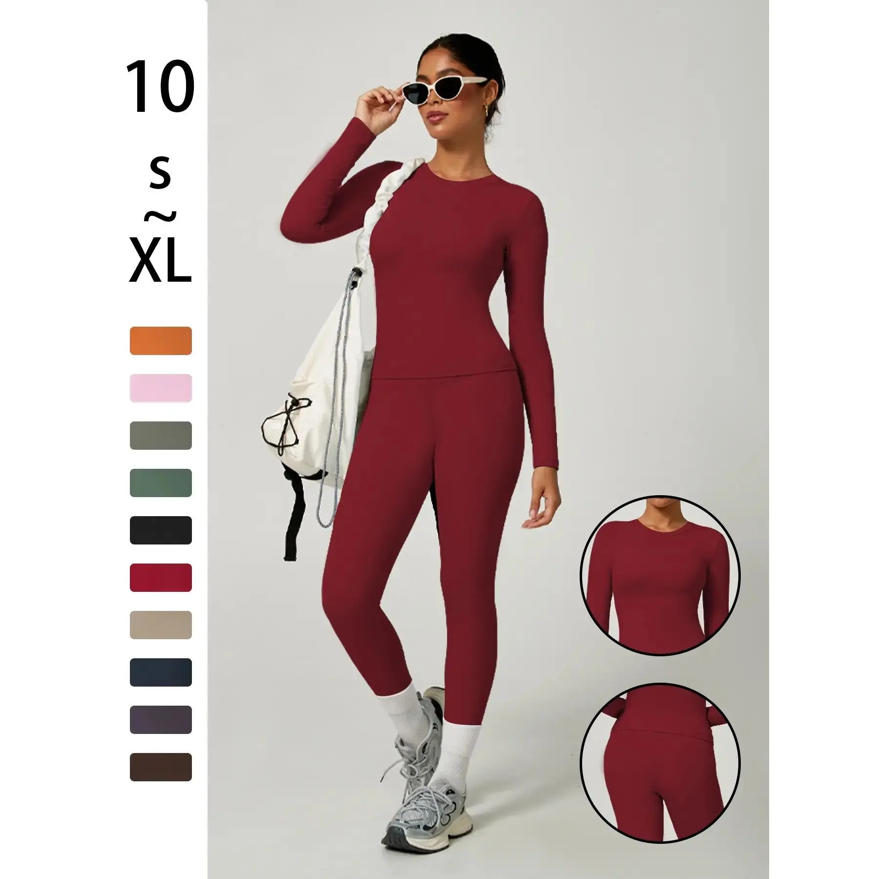 Women's Plain Long Sleeve Top & Pants Set, Comfortable Tight-Fit Kardashian Style, Perfect for Yoga Home Gym Daily Wear, Yoga Gym Outfits, Fitness Outfits, Sports Wear Set, Gym Workout Set