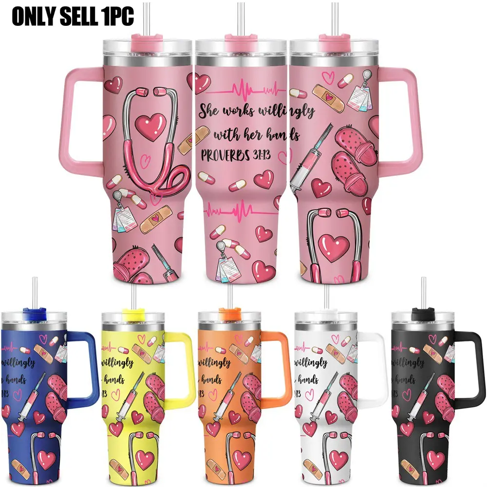 Nurse Pattern 40oz Insulated Coffee Tumbler with Lid, 1 Count Stainless Steel Water Bottle, Drinking Cup for Home Office School, Gift for Nurse, Birthday Gift, Drinkware, Drinkware Vacuum Flask