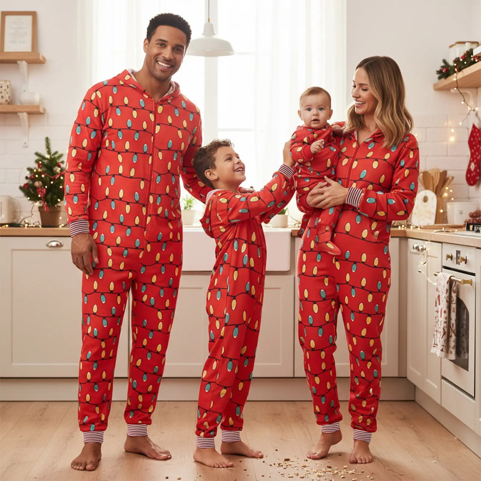 Family Xmas Matching Jumpsuit Pajamas Fairy Light Printed Family Sleepwear, Christmas Front Zipper Nightwear