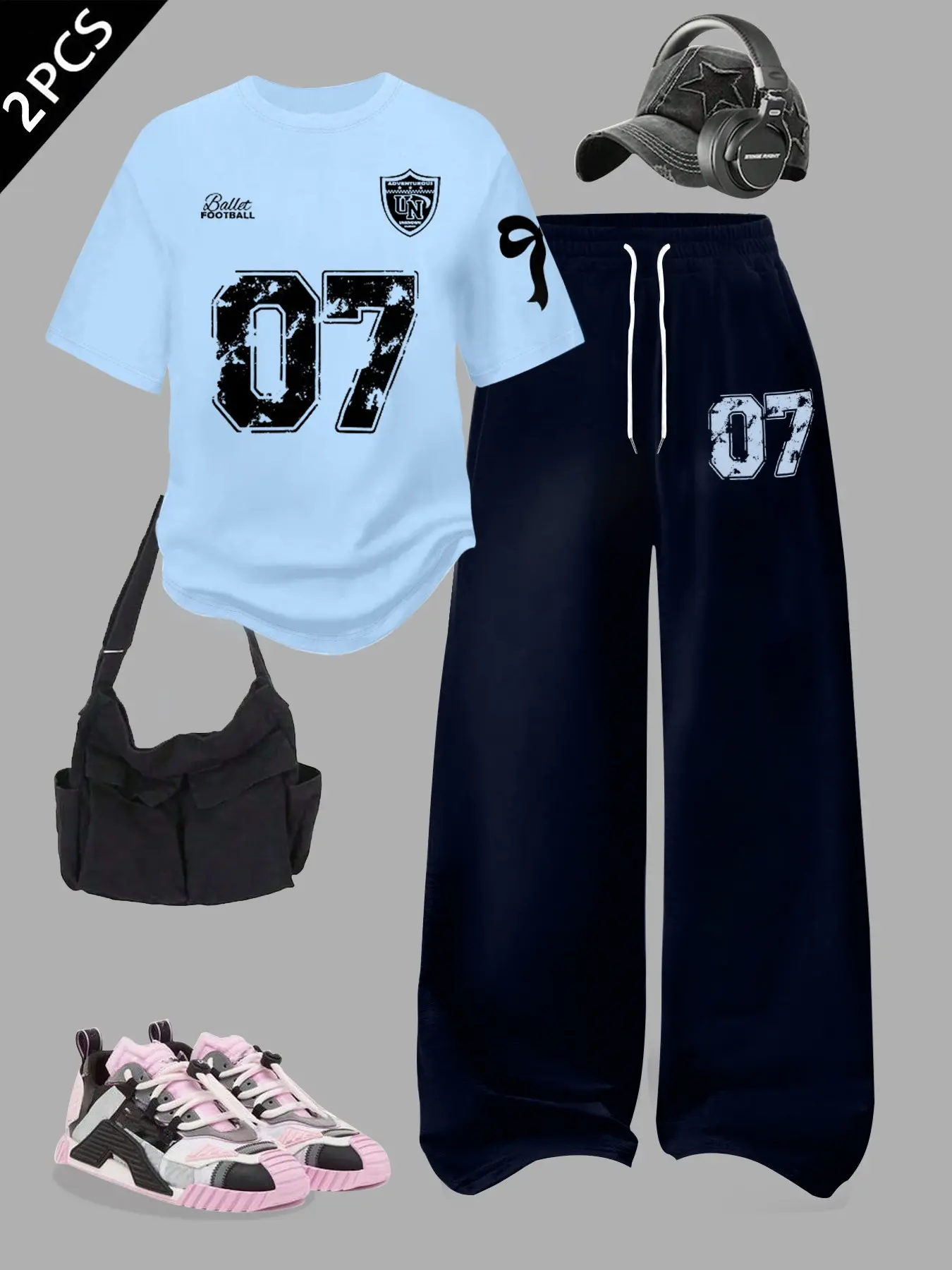 Women's Casual Sports Set, 2-Piece Outfit Featuring Number 07 Printed Short-Sleeve T-Shirt Matched With Loose Wide-Leg Sweatpants, Street Sport Style Suitable For Daily Leisure And Going-Out Wear