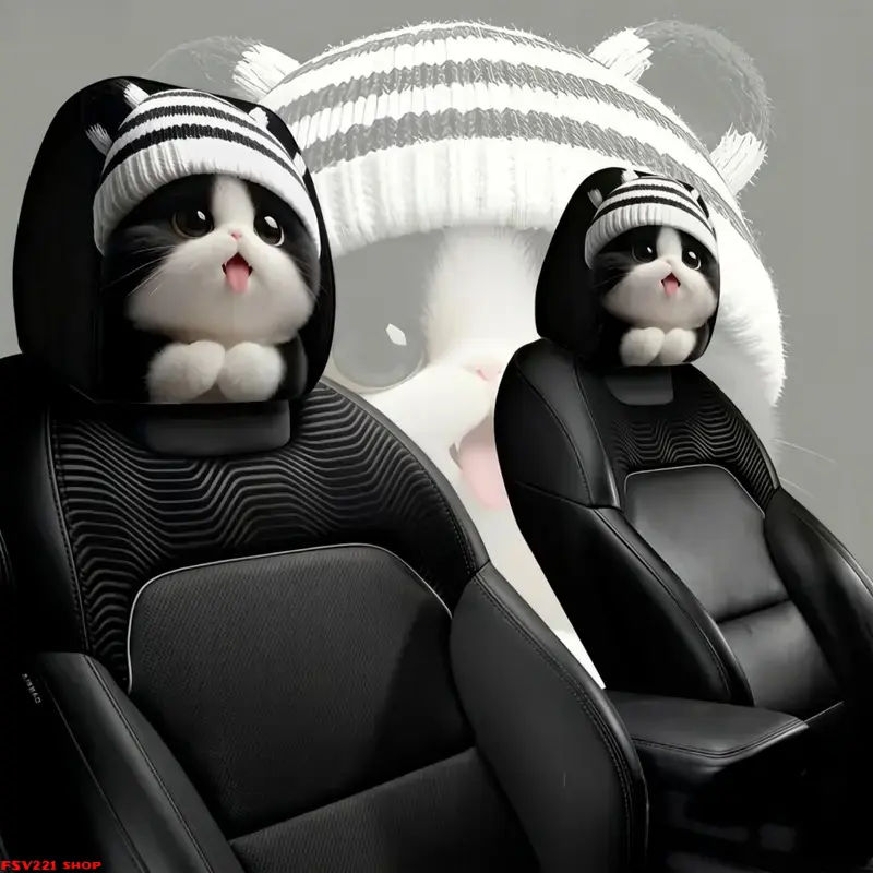 2-Piece Universal Poly-Cotton Car Headrest Covers, Unisex Cute Cartoon Cat Knit Print Fashion Accessory Set, Adorable Look Car Interior Decor, Ideal Gift for Cat Owners - Sohochic
