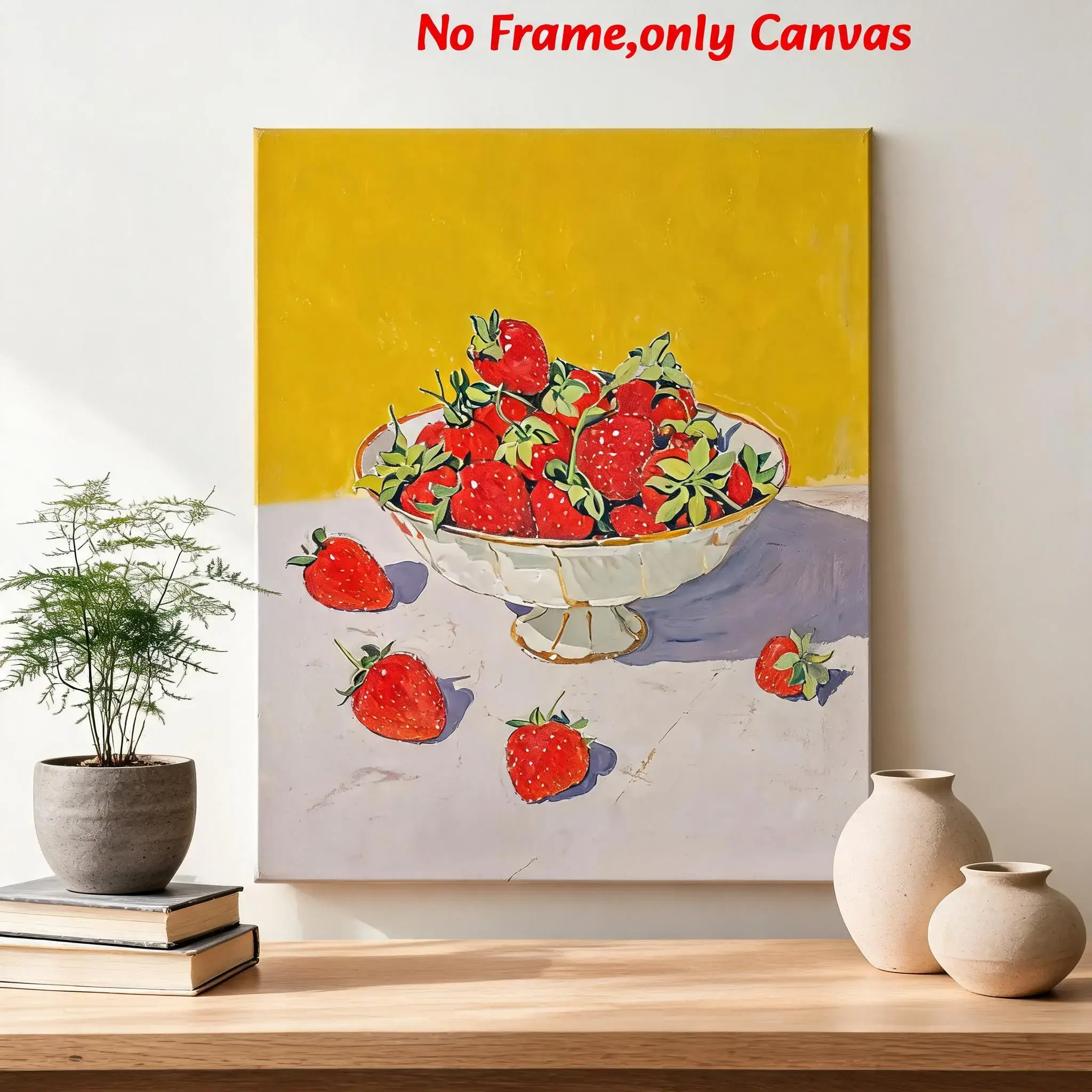1 pc, wall art, Canvas Art And Prints For Walls, vintage poster, strawberry on a plate art print, red fruit canvas painting, kitchen decor, living room decor, dining room decor, versatile decor, housewarming gift, unframed