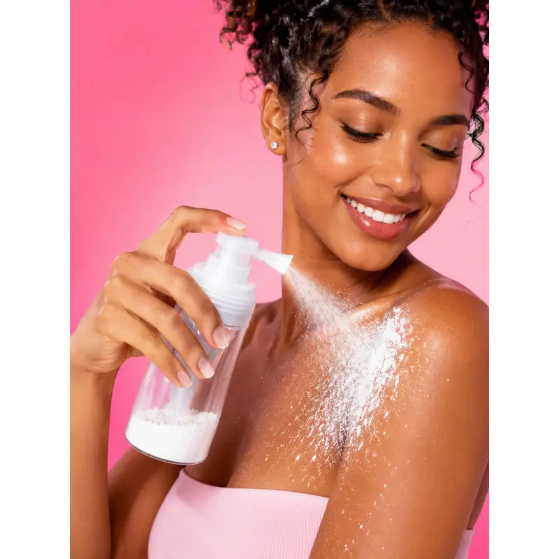 Leak Resistant Powder Spray Bottle, Empty Refillable Loose Powder Dispenser for Hair Fiber, Dry Shampoo, Talcum Powder, Body Powder, Cosmetic Powder, Transparent Travel Container with Press Pump, Targeted Spray, Haircare