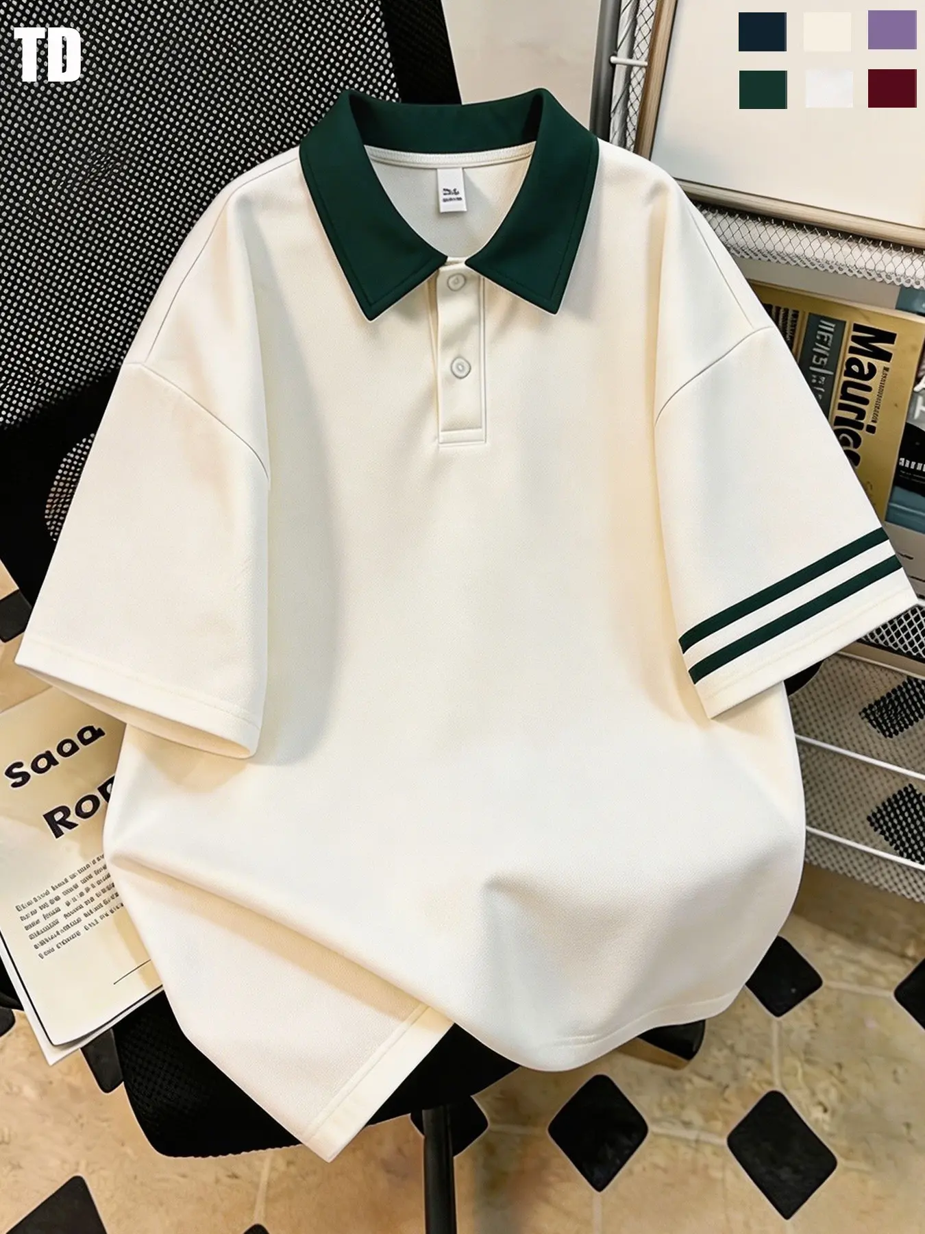 Td Retro Colorblock Striped Chic Casual Lapel Polo Shirt, Summer Polos Loose Shoulder Short Sleeve, Unisex Oversize Casual Sport Top, Streetwear Basic Tee