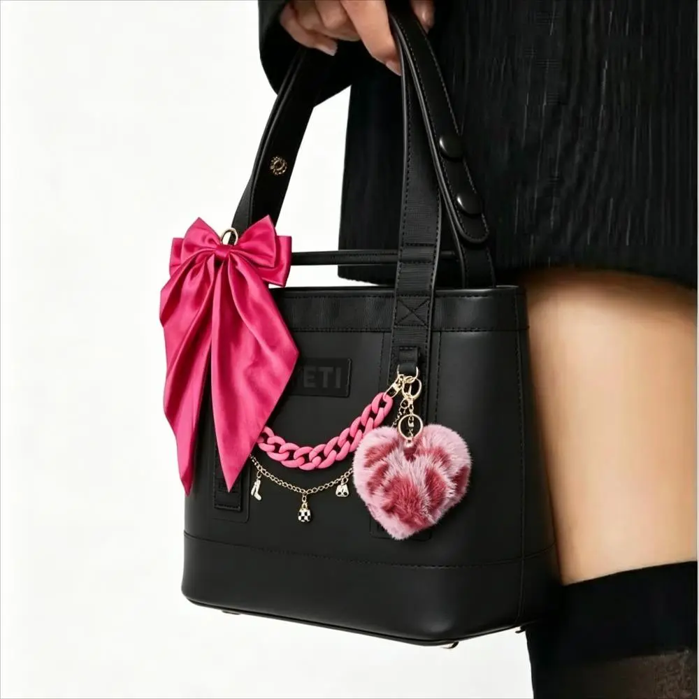 Pink Coquette Bag Charm Set - Acrylic Chain, Silk Bow & Fuzzy Heart Pom Pom for Tote Bag Accessories . Bag not included