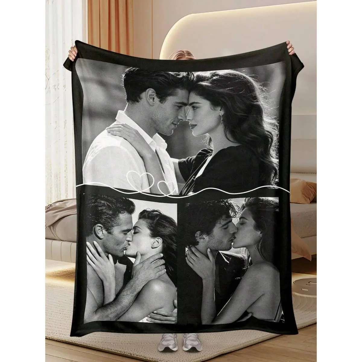 1 Piece 30x40 Breathable Wrinkle-Resistant 3-Photo Black White Couple Flannel Throw Blanket, Soft Warm Bedding for Bedroom Couch, Minimalist Frame Collage Couple Gifts for Adults for Boyfriend Anniversary