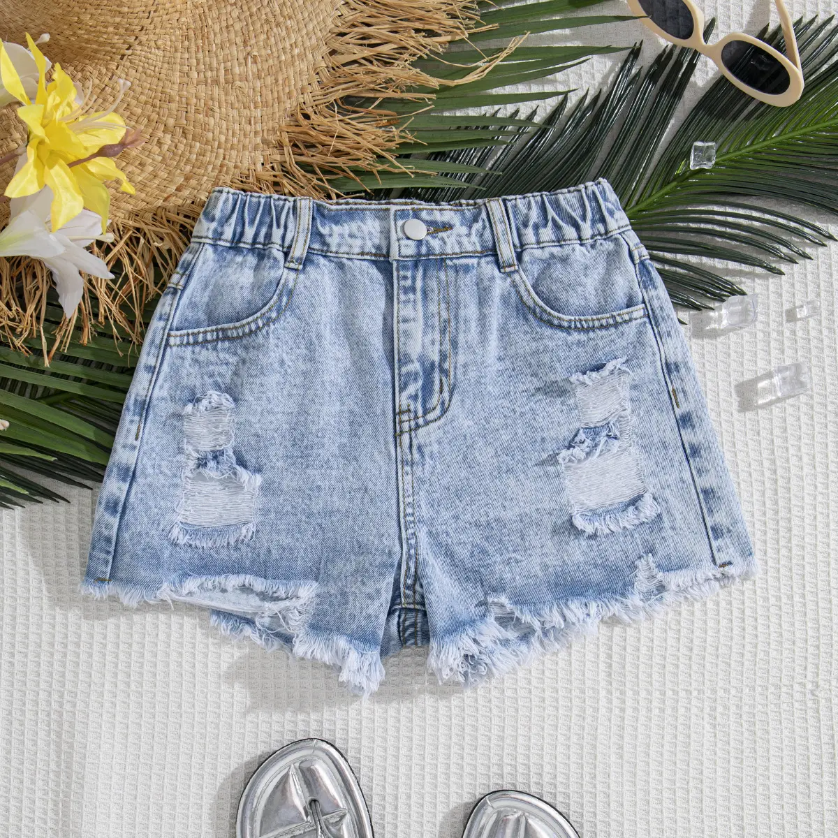 Girls' High-Waisted Distressed Denim Shorts - Frayed Edges, Ripped, Trendy Teen Bottoms-DMA, Bottom