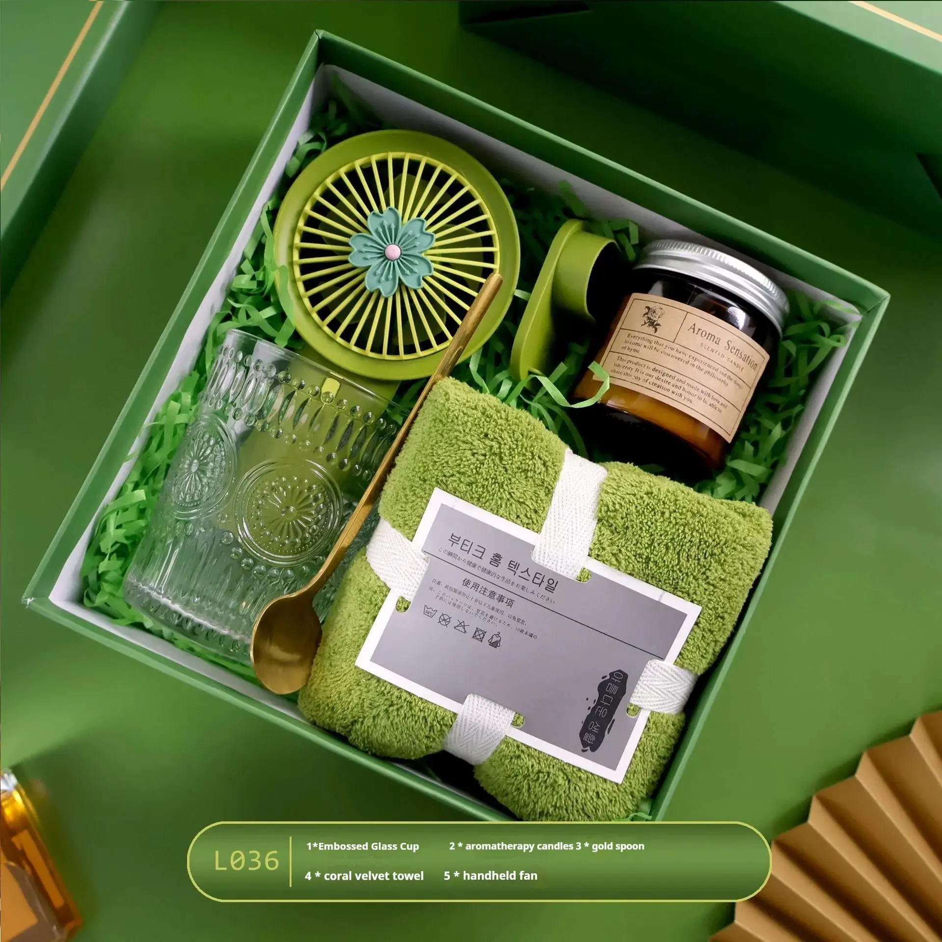1set Green Practical High end Companion Gift - Party Gift Packs Birthday Gift for Employees/Customers/Friends, Ceramic Cup/Towel/Umbrella/Simulated Sunflower/Fan/Notebook/Glass/Aromatherapy Candle Multi combination Set Gift Set Box
