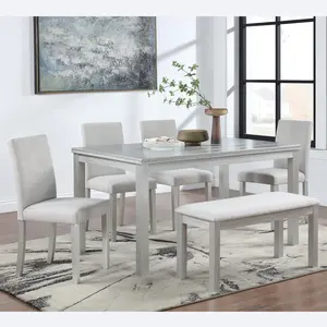 6 Piece Wooden Dining Table Set, Wooden Dining Table with 4 Upholstered Chairs and Bench for 6 People, Rectangular Dining Table Set with Crystal Decoration for Kitchen, Dining Room, Silver grey