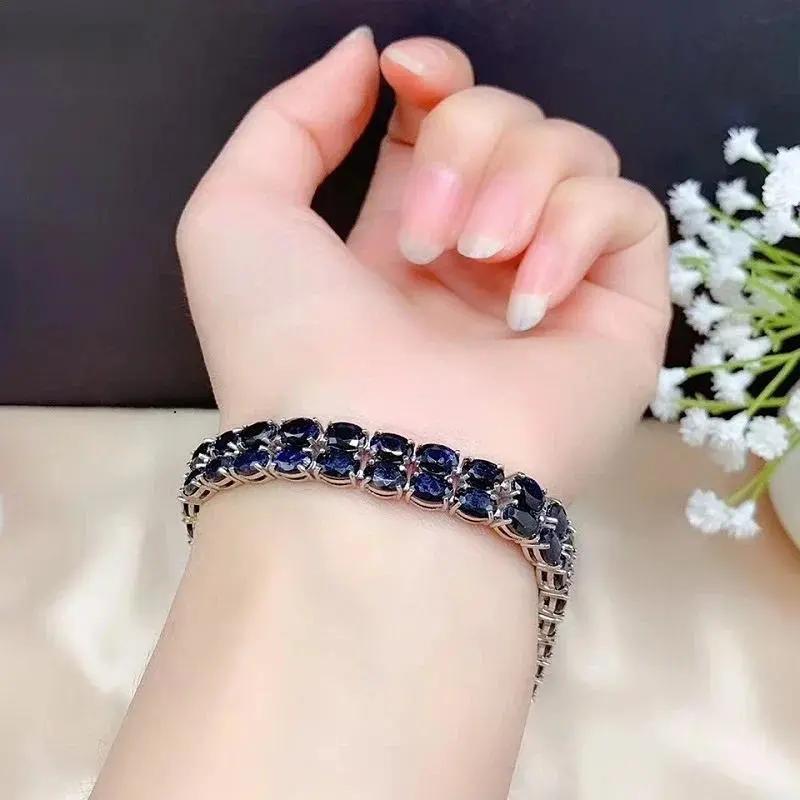 Natural Sapphire Bracelet Women's Party Bracelet High Quality 4* 6mm Blue Gemstone 925 Silver Band Certificate