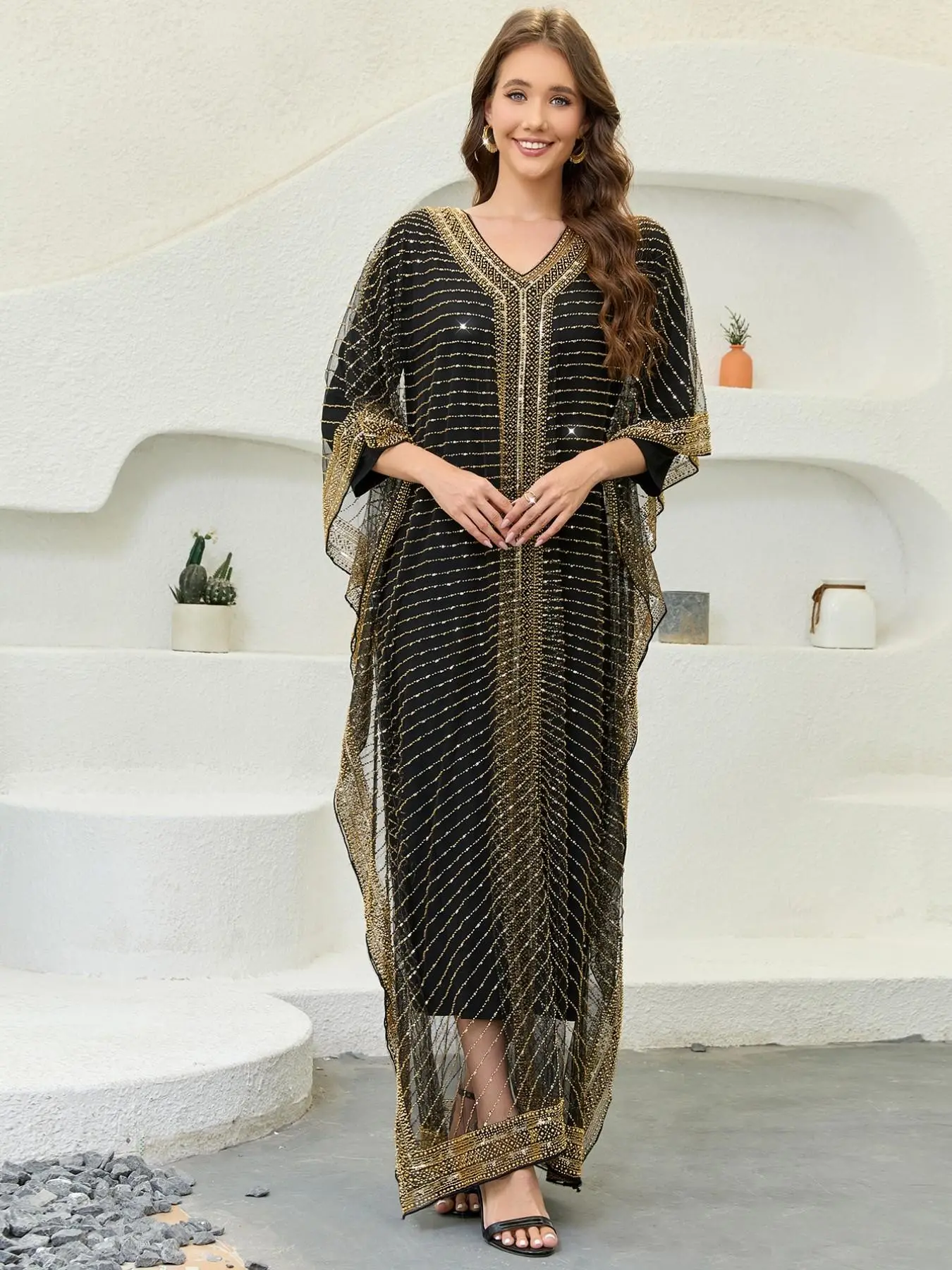 Women's Beaded Sheer Mesh Batwing Sleeve Muslim Abaya, Dubai Arabian Style Long Cover Up, Elegant Flowy Outer Robe for Wedding, Prom, Evening Party & Formal Occasions CX22