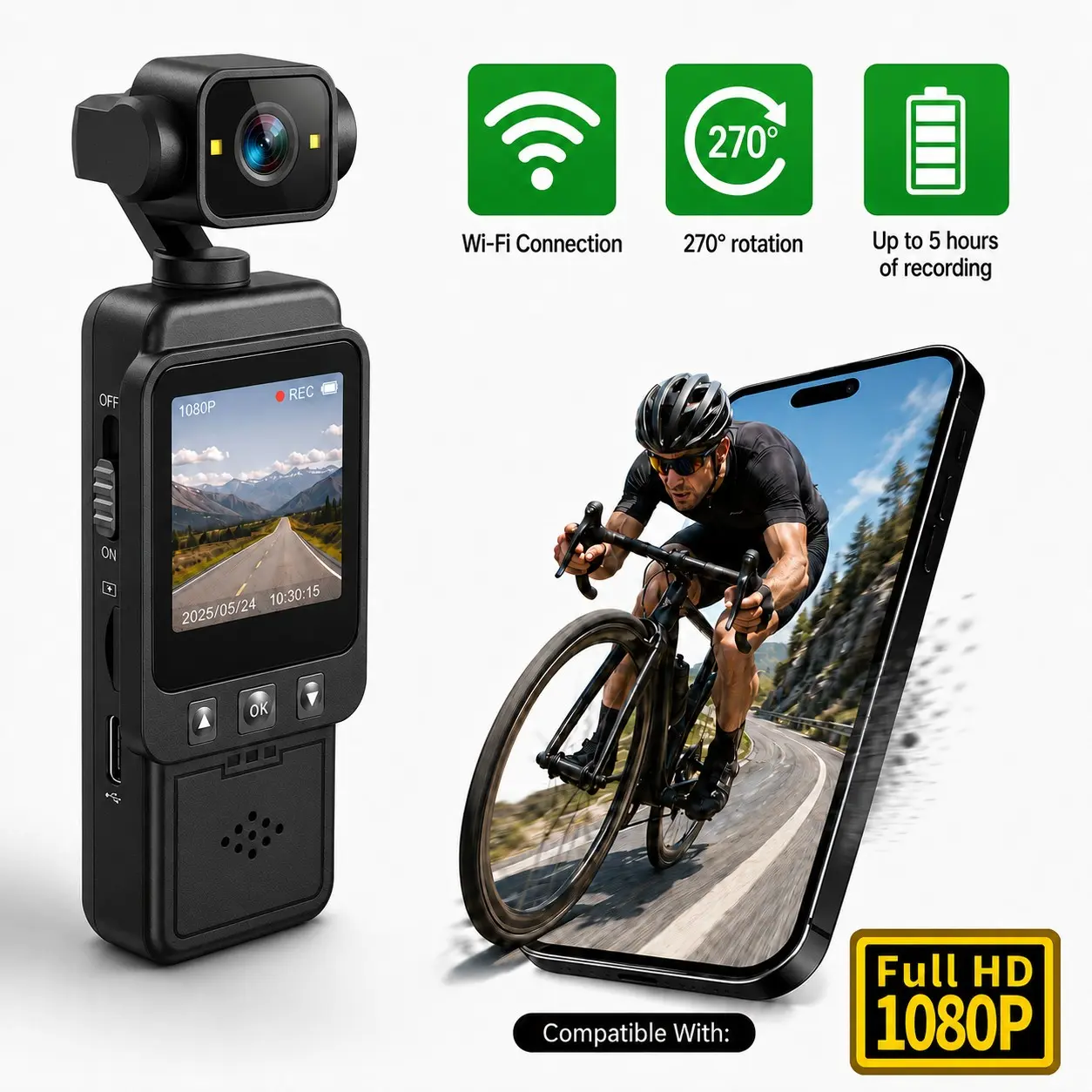 1080P Mini Vlogging Camera with 270° Rotating Lens, Portable Vlogging Camera, Pocket Digital Video Camera with Audio Recording, 4-5 Hour Battery Life, 32GB Card Included for Travel, Daily Vlogs and POV Videos