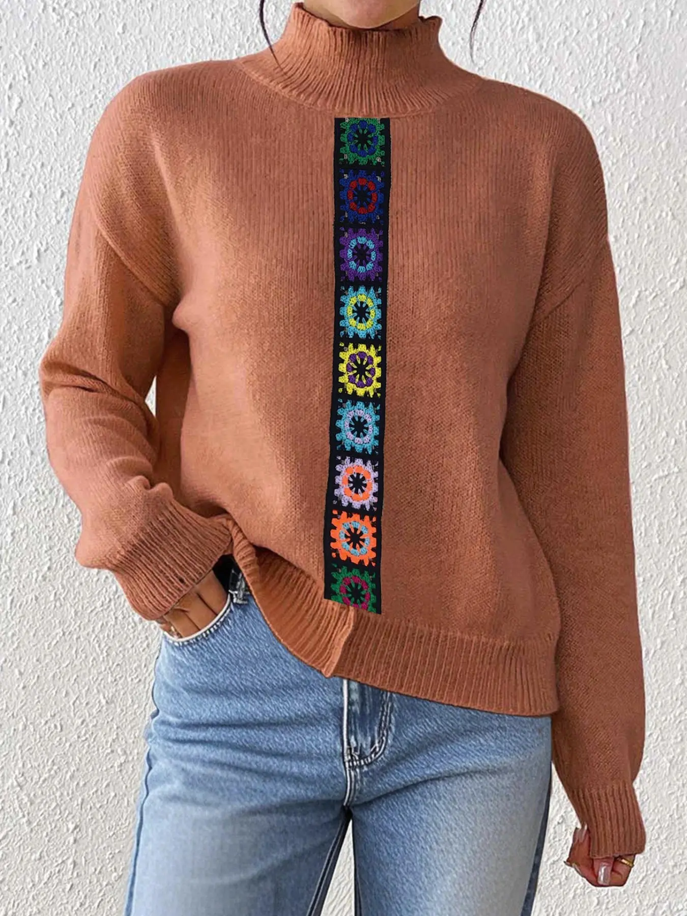 Vintage Bohemian Street Style Half-Neck Knit Pullover, Thick Knitted Vertical Random Color Crochet Stripes, Fall Urban Daily Wear