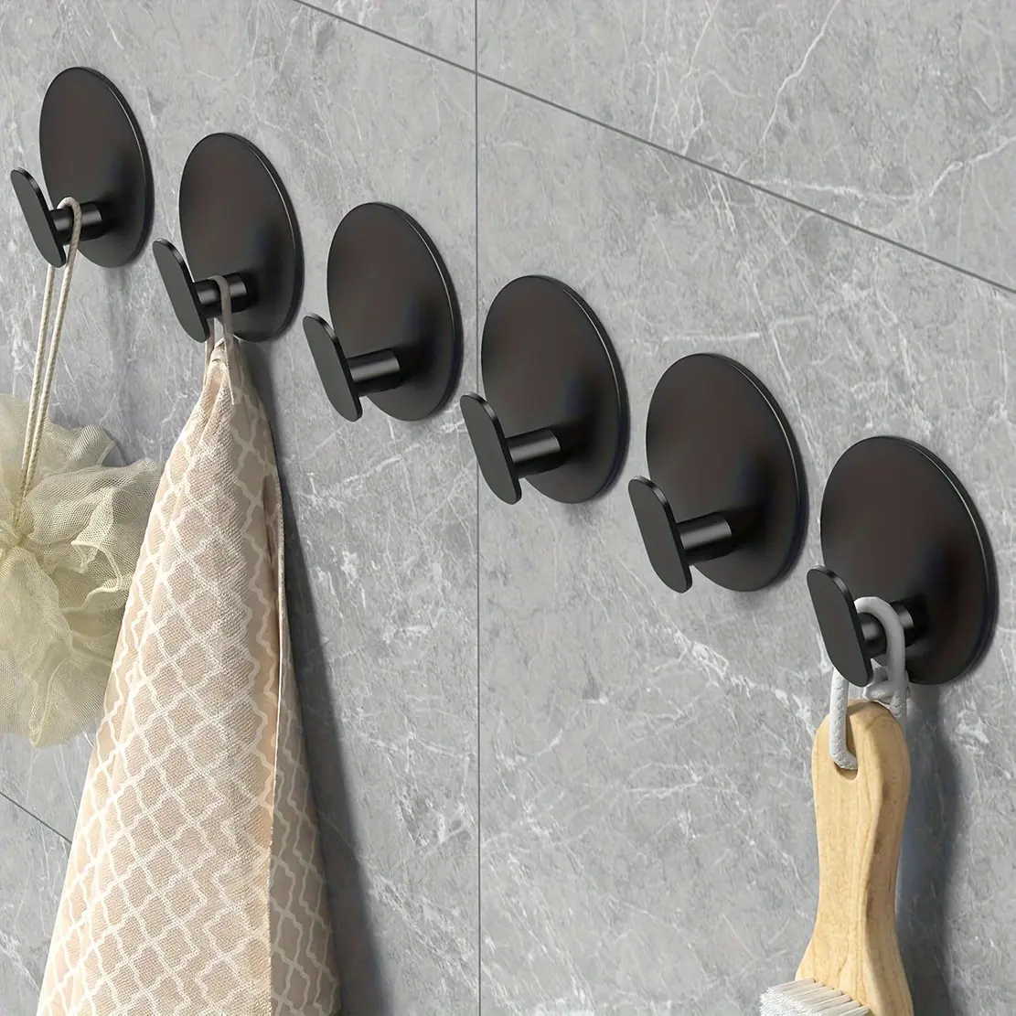 Contemporary Black Plastic Wall Hooks - Easy-Install Adhesive Towel Hangers for Bathroom, Kitchen - Durable Robe, Clothes, Hat & Key Holders (Bathroom Supplies), Hanging Items