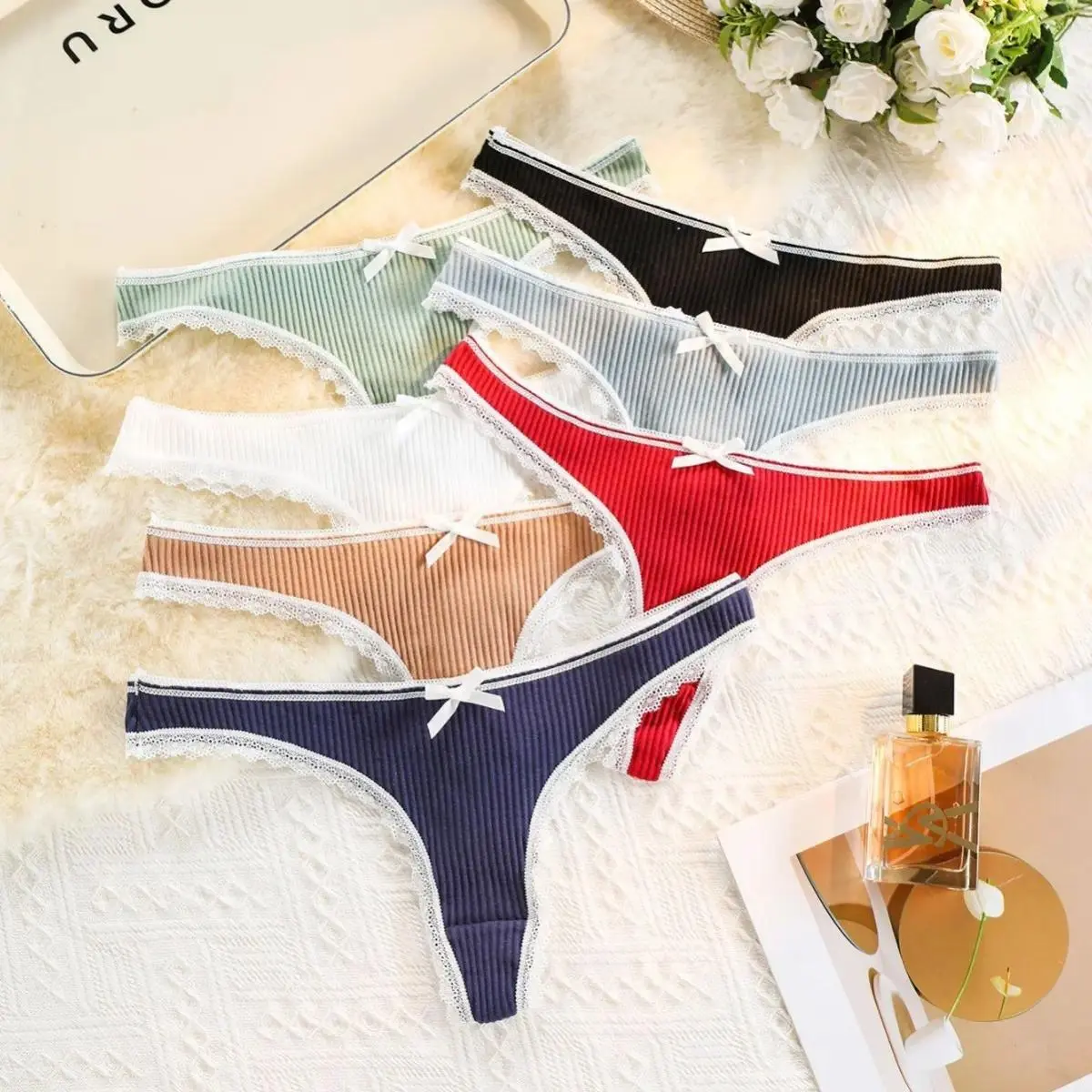 Women's Ribbed Cotton Thongs 7pcs Pack, Casual G-String Underwear with Lace Trim, Sporty Elastic Knickers for Adult Gym, Daily Wear, Seamless, Short, Pack For Daily Wear & Gym, Breathable, One Size