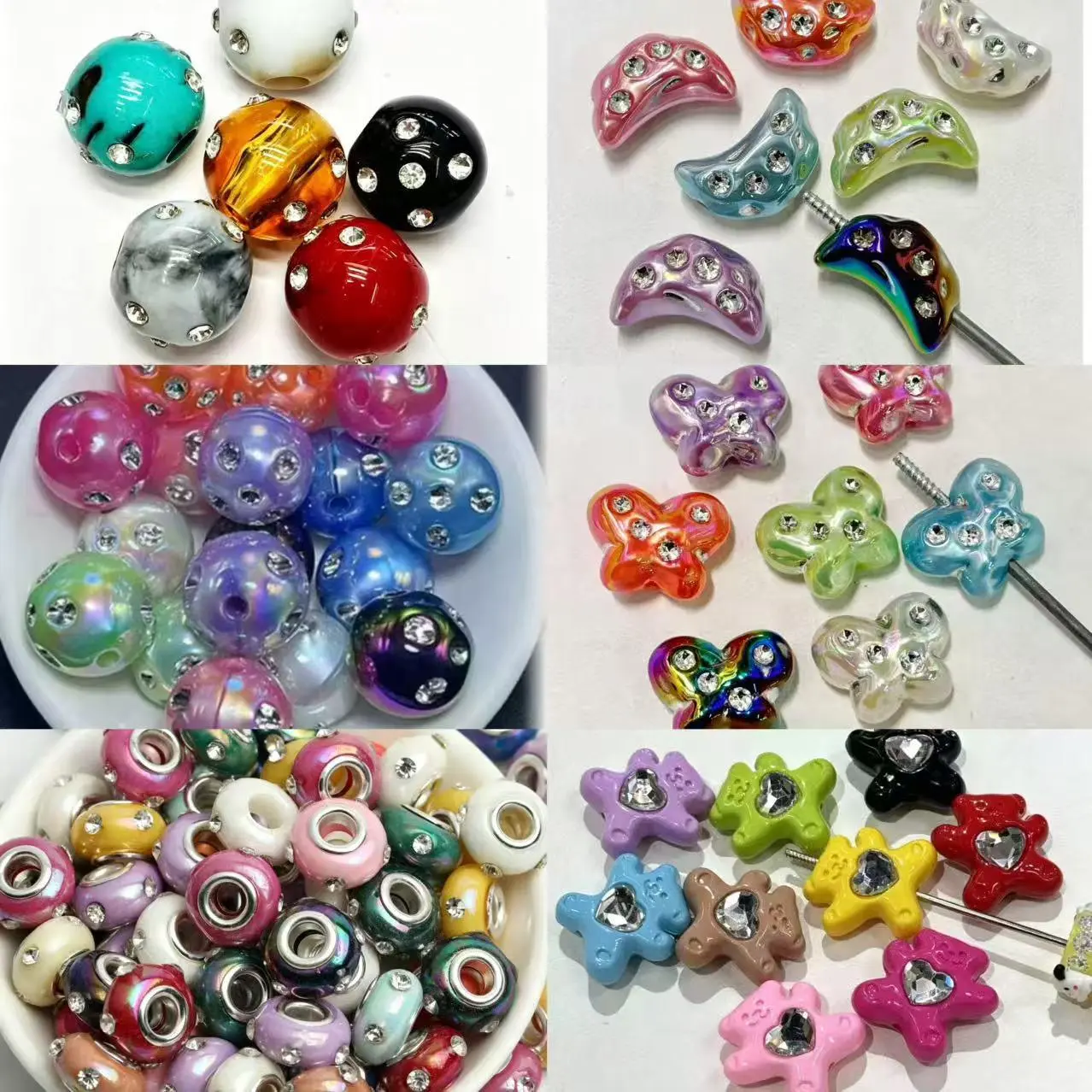 Sage-P47-Mix Styles UV Iridescent Coating Rhinestone Inlaid Beads 3pcs per bag