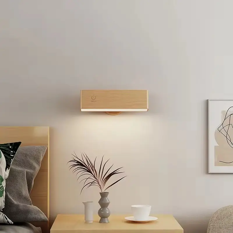 Square Bedside Lamp for Living Room Bedroom Hallway, Warm Indoor Lighting, Wooden USB Rechargeable Wall Light, Cozy Nightstand Lamp