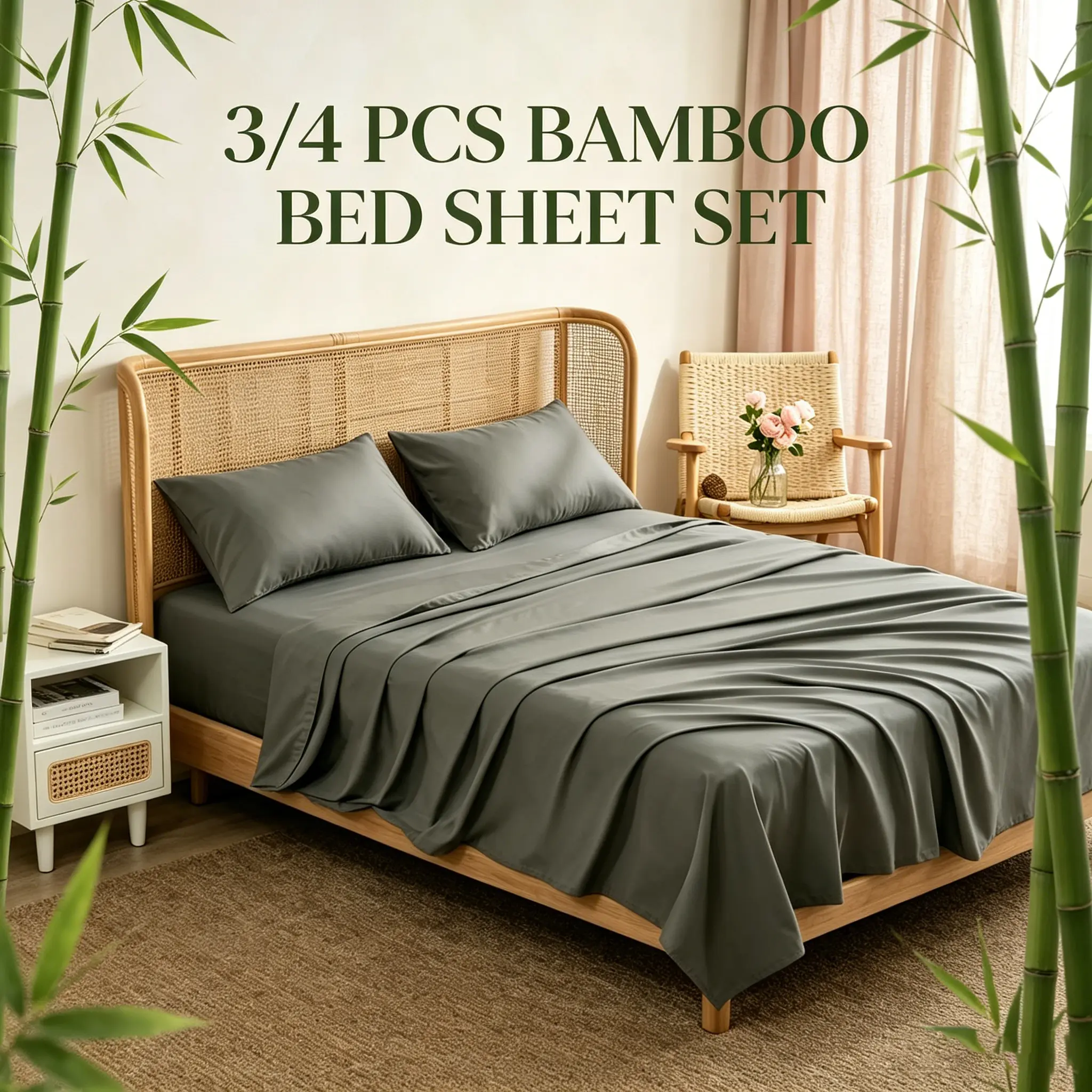 MUXHOMO 3/4-Piece Bamboo Bed Sheet Set - Cooling Effect Bamboo Fiber, Soft Texture Solid Colors, High TC Fabric, 5-Star Hotel Quality, 14-in Deep Pocket Anti-Slip Fitted Sheet for Home Bedroom, Ideal for Hot Sleepers
