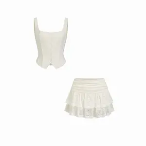 Cider Square Neck Floral Lace Cropped Top & Ruched Ruffled Mini Skirt Set