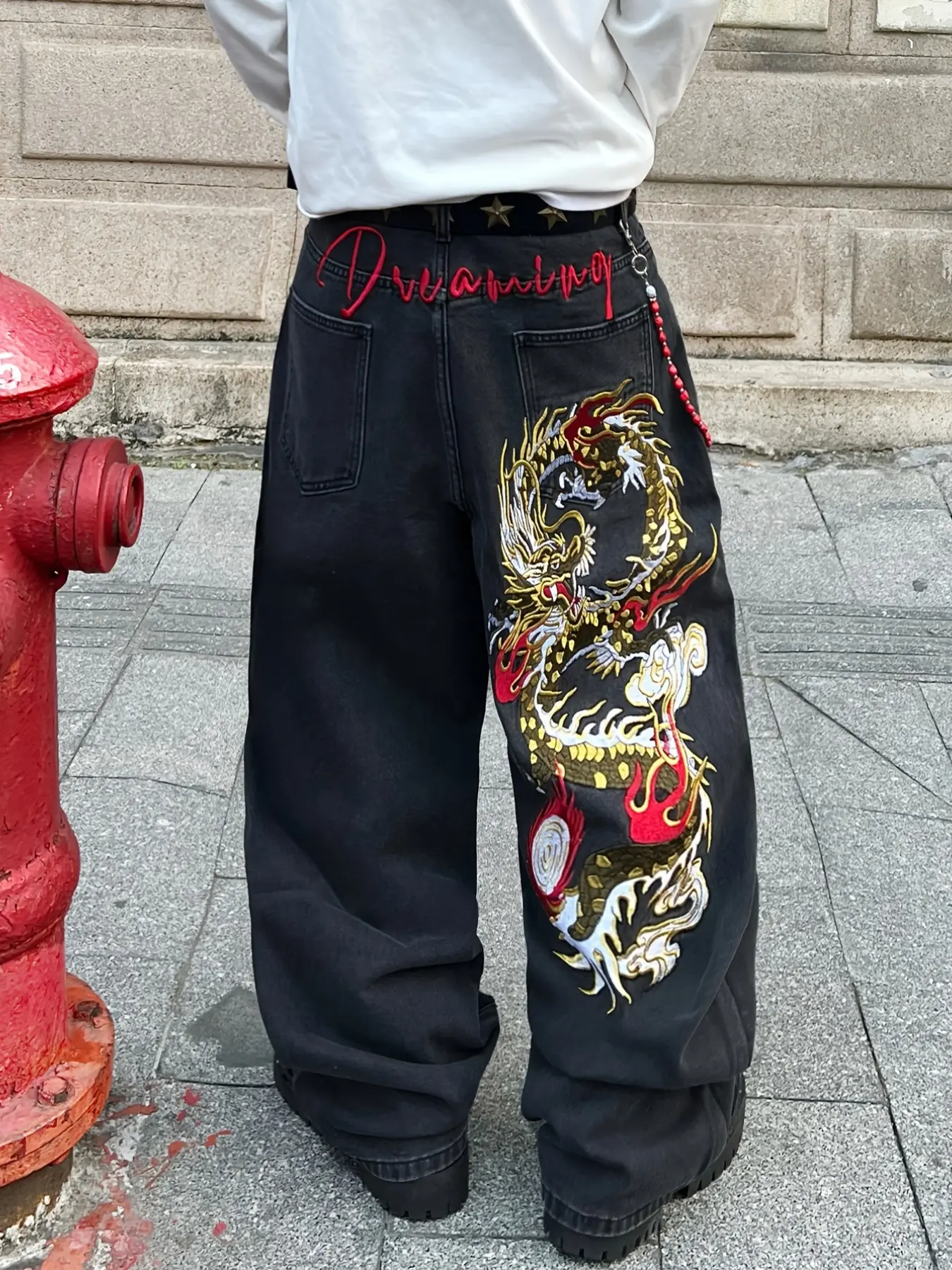 Men's Denim Jeans, Heavy-Duty Colorful Dragon Pattern Straight Leg Wide Leg Pants, Y2K Street Fashion Loose Long Pants, Halloween Gift