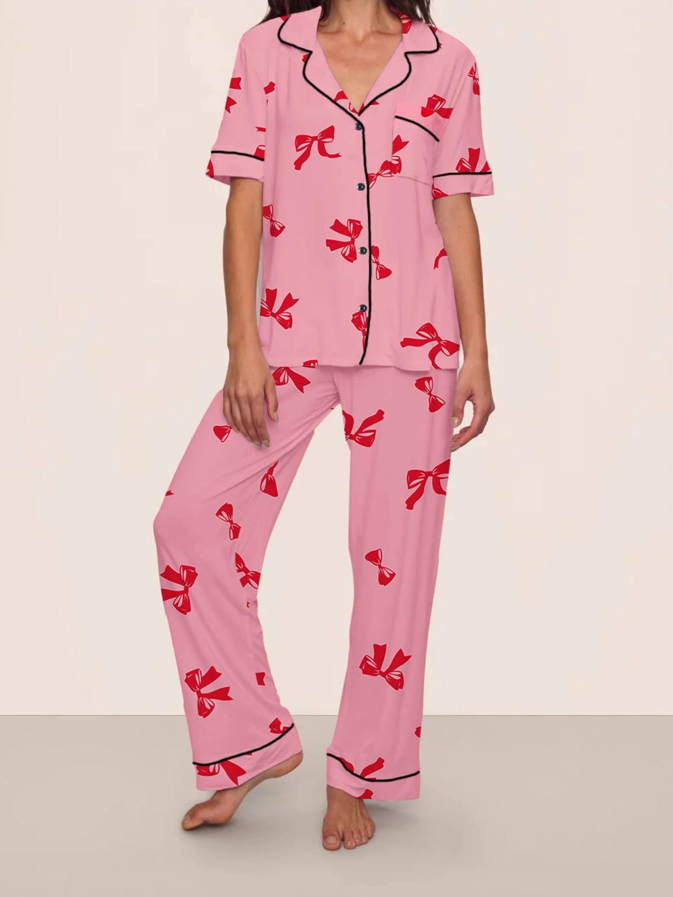 Women's Leopard Print Fitted Pajama Set with Bow Tie, Short Sleeve Shirt and Long Pants for All Seasons, Comfortable Casual Sleepwear
