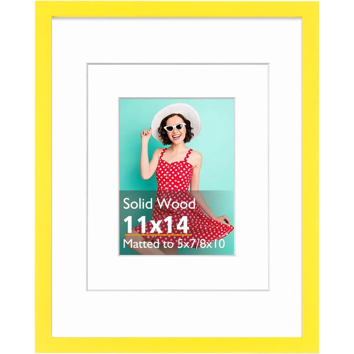 11x14 Picture Frame Yellow, Solid Wood Frame with Acrylic Plexiglass for Pictures 5x7/8x10 with Mat, Tabletop and Wall Display, Set of 1