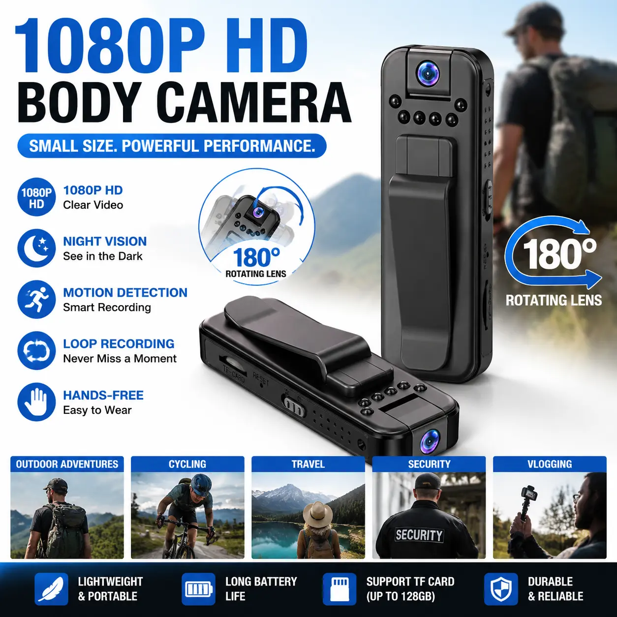 1080P HD Body Camera, Wearable Mini Action Cam with Night Vision, 180 °   Rotating Lens, Portable Hands-Free Vlog Camera with Motion Detection, Loop Recording, Outdoor Sports & Travel Recorder for Hiking, Cycling & Security Use