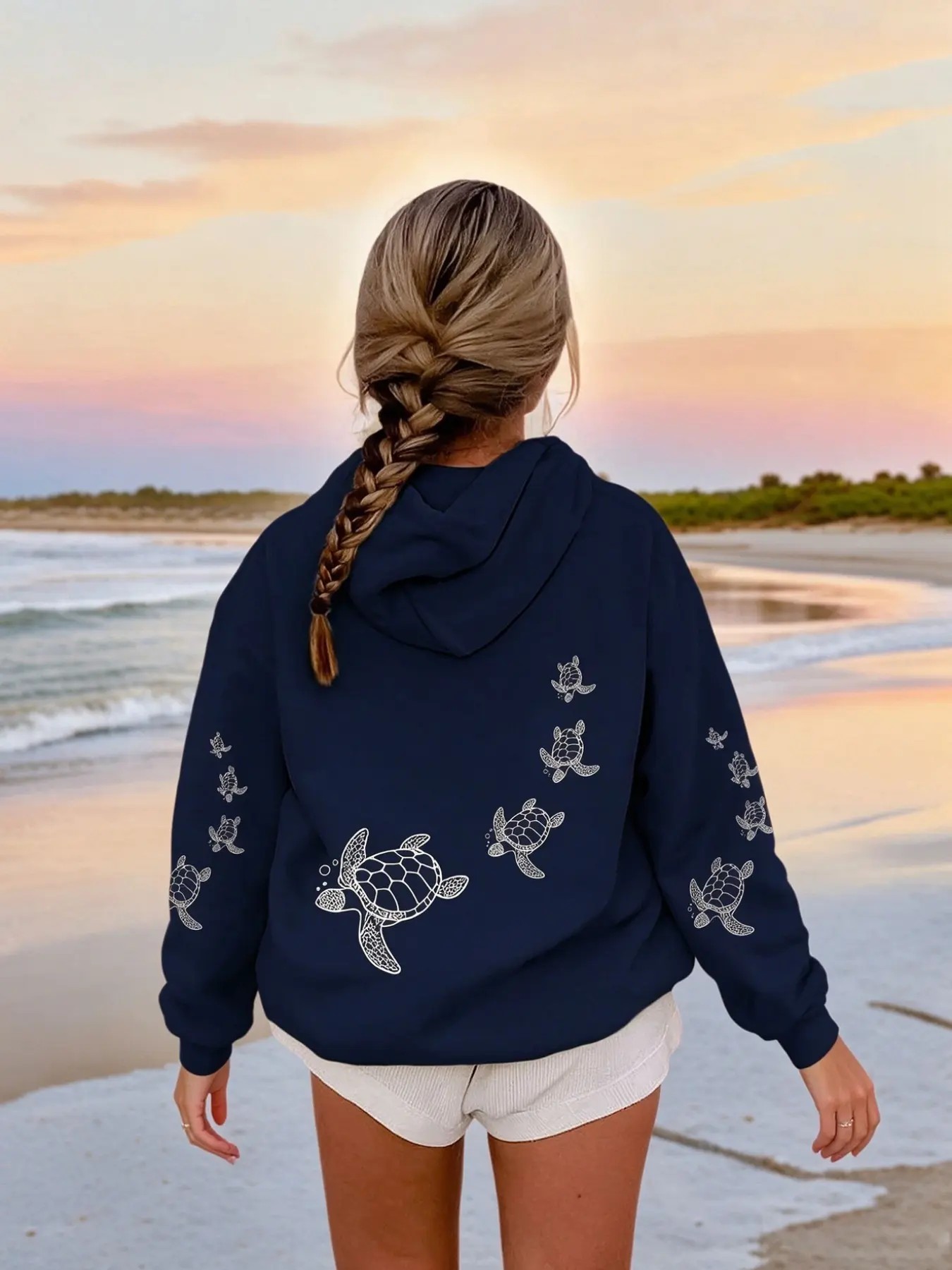 Dark Blue Women's Hooded Sweatshirt, Turtle Pattern Loose Fit Long Sleeve, Fall Winter Casual Wear, Perfect for Daily Outing, Parties, Holidays