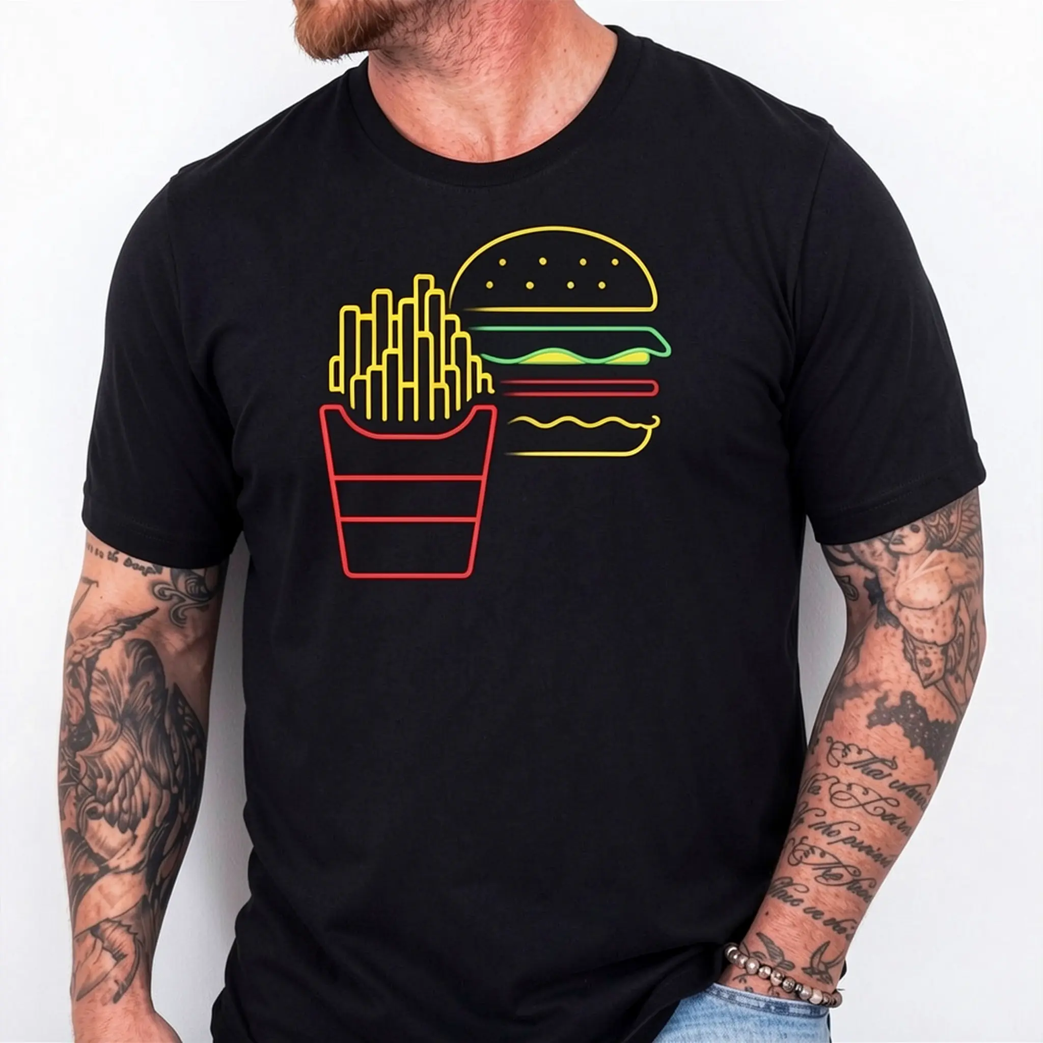Unisex Burger&Fries Costume T-Shirt - Retro Hamburger & French Fries Print Fast Food Graphic Tee, 220GSM Pure Cotton Shirt for Themed Parties, Casual Wear (Same Style for Men & Women)
