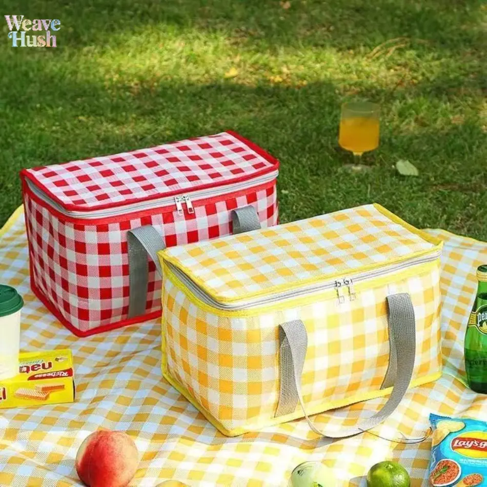 Striped Grid Polyester Cooler Bag, Large Capacity Portable Insulated Lunch Tote, Foldable with Matching Mat for Camping & Picnics, Cooler Bags, Synthetic, Insulated Bag