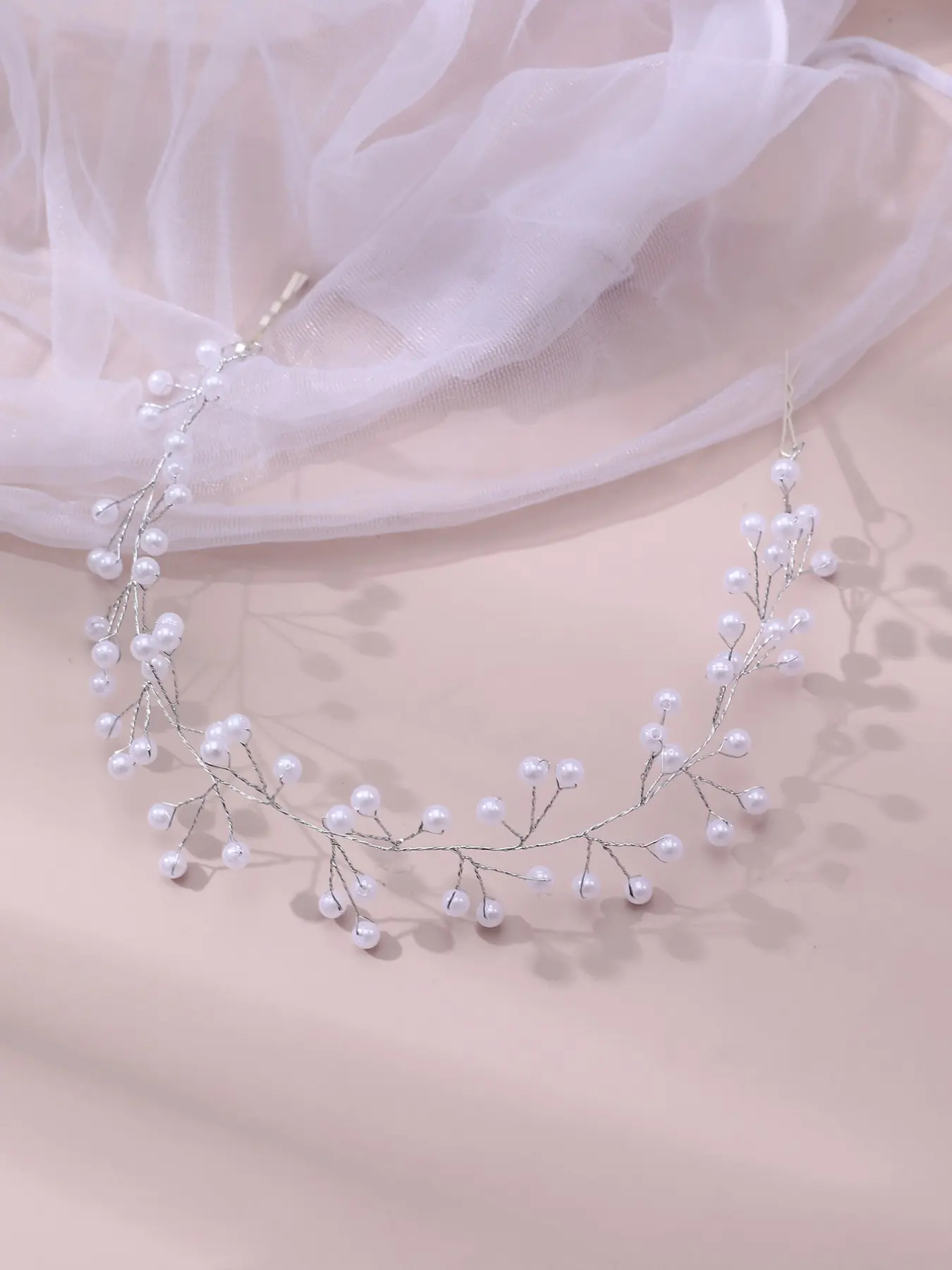 Korean Style Fresh Starry Imitation Pearl Hair Accessory, Handmade Silver Color Wire Leaf Design, Bridal Evening Party Dress Side Headpiece