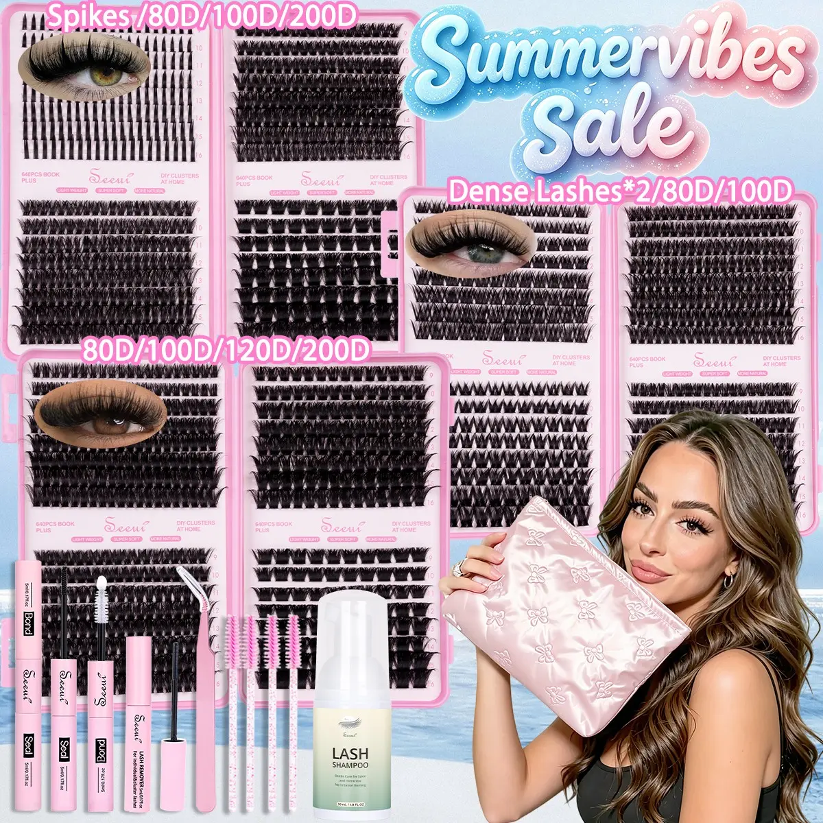 DIY Volume Lash Clusters Kit, volume lash clusters set, Synthetic, Spikes/Manga/80D/100D/120D, 8-16mm, Baddie Look, D Curl, Individual Eyelash, Soft & Lightweight, Long-Lasting Glam for Beginners, Bond&Seal, Remover, Tweezers, Lash Shampoo, Brushes
