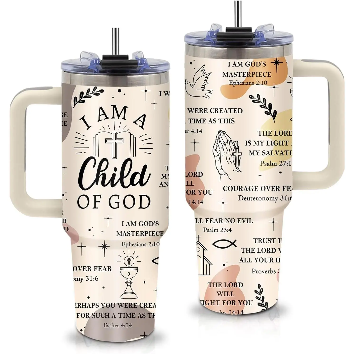 I AM A Child OF GOD I AM GOD'S MASTERPIECE Bible Line Art Blob Shapes Flat Print 40oz Handle Stainless Steel Car Tumbler With Lid Straw, Leakproof Vacuum Insulated Faith Travel Mug, Halloween Christmas Daily Gift For Christian Women Girls Believers