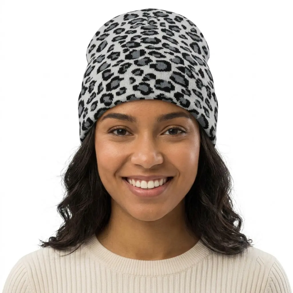 Cozy Leopard Knit Hat Warm Windproof Beanie For Women Men Unisex Winter Daily Essential Soft Acrylic Cuffed Rolled Hem Breathable Casual Streetwear Solid Foldable Free Size One Size Fits Most Outdoor Commute Cold Weather Gear Trendy Simple Style
