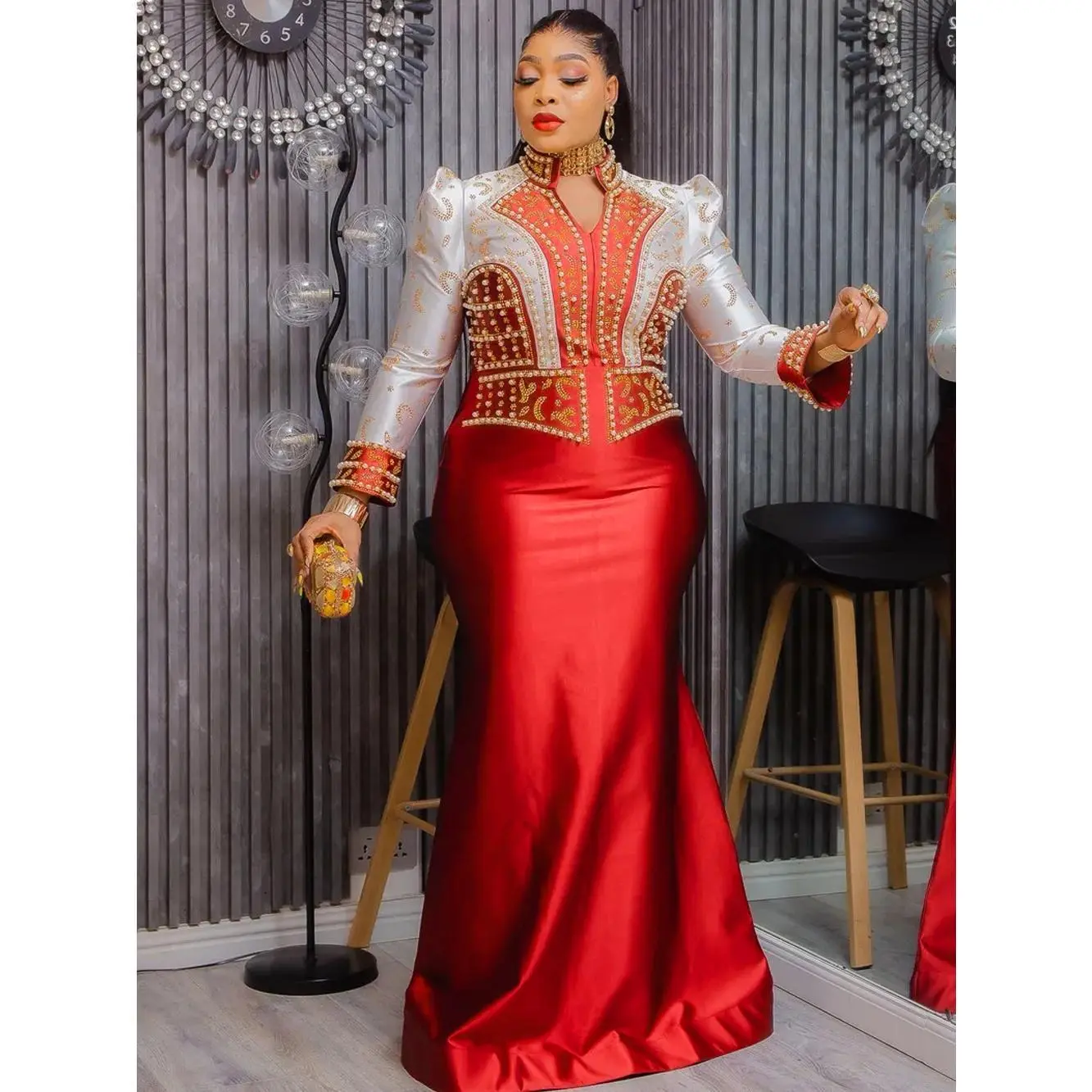 Women's Formal Fashion Long-Sleeve Shiny Look Maxi Dress - Luxury Party Evening Gown, African Clothes, Dubai Kaftan for Wedding, Birthday Prom
