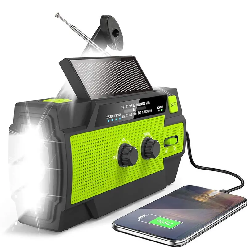 Emergency Hand Crank Radio, Portable Emergency Radio 4000 mAh Solar-Powered AM/FM Weather Radio with Flashlight, Motion Sensor Reading Lamp, Cell Phone Charger and SOS Alarm for Home and Outdoor Use, Rechargeable Emergency Radio
