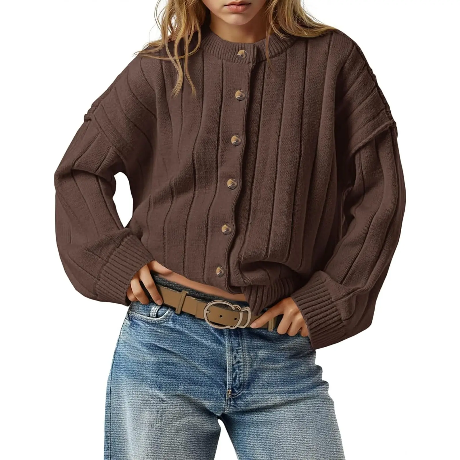 Aoysky Women's Open-Front Knitting Cardigan Tops - Long-Sleeves, Round Neck/Crew Neck, Button-Down, Loose Casual Fall Outerwear, Longsleeves, Acrylic Blend, Breathable Knit