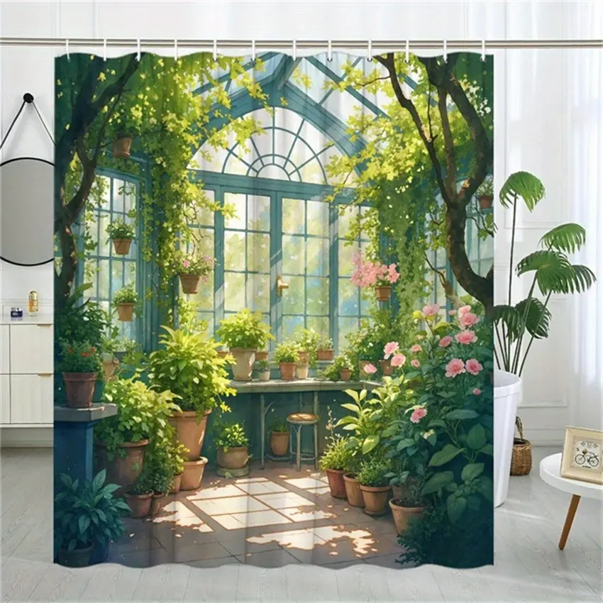 Green Greenhouse Garden Shower Curtain with Sunlight Glass Ceiling and Flowers- Watercolor Plant Design with Hooks, Perfect for Bathroom Decoration, Bathroom Curtain, Shower Curtain
