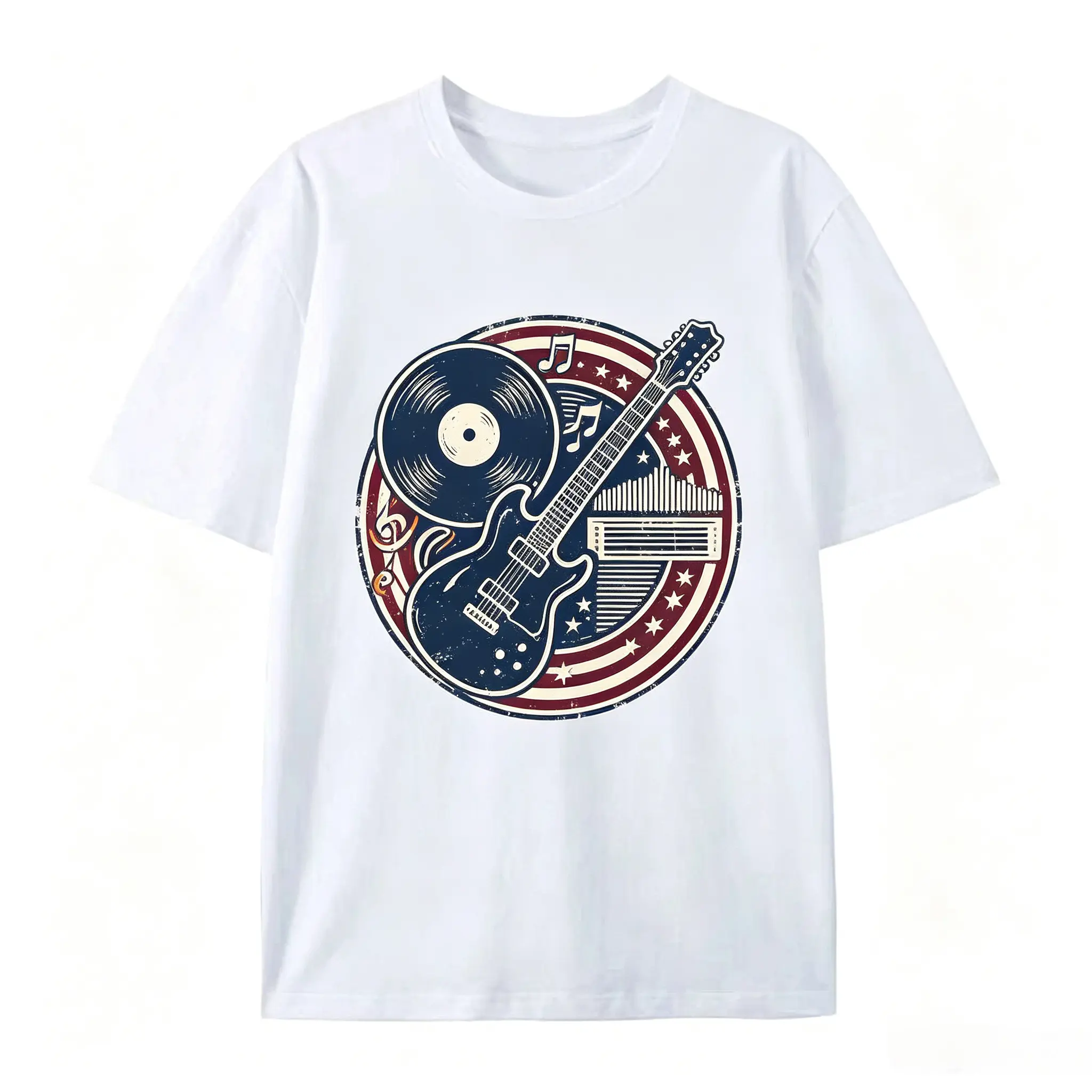 Men's Oversized 100% Cotton Vintage USA Flag-Circle Guitar Vinyl Record Music Note Graphic T-Shirt, Comfortable Music Lover Gift for Him-Her Valentines Holiday Present, Tshirt, Casual, Streetwear