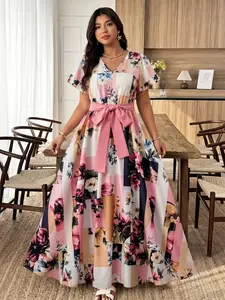 Plus Size Women's Polka Dot Floral V-Neck Waist-Cropped Dress, Chic A-Line Flowing Design, Ideal for Shopping, Parties, Light Formal Events