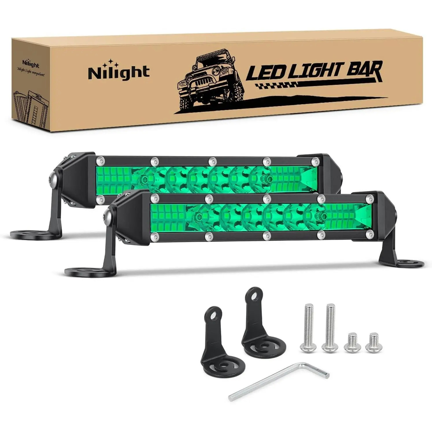 Nilight Slim Aluminum 48W LED Light Bar, 2Pcs 7in 16LED Single Row Spot-Flood Combo Bright Green Off-Road Light with Fast Cooling Radiator, Great Heat Dissipation & Long Lifespan for 12V-24V ATV, UTV - Bracket Mount for Dirt Bike, Car Bumper, Pickup Truck