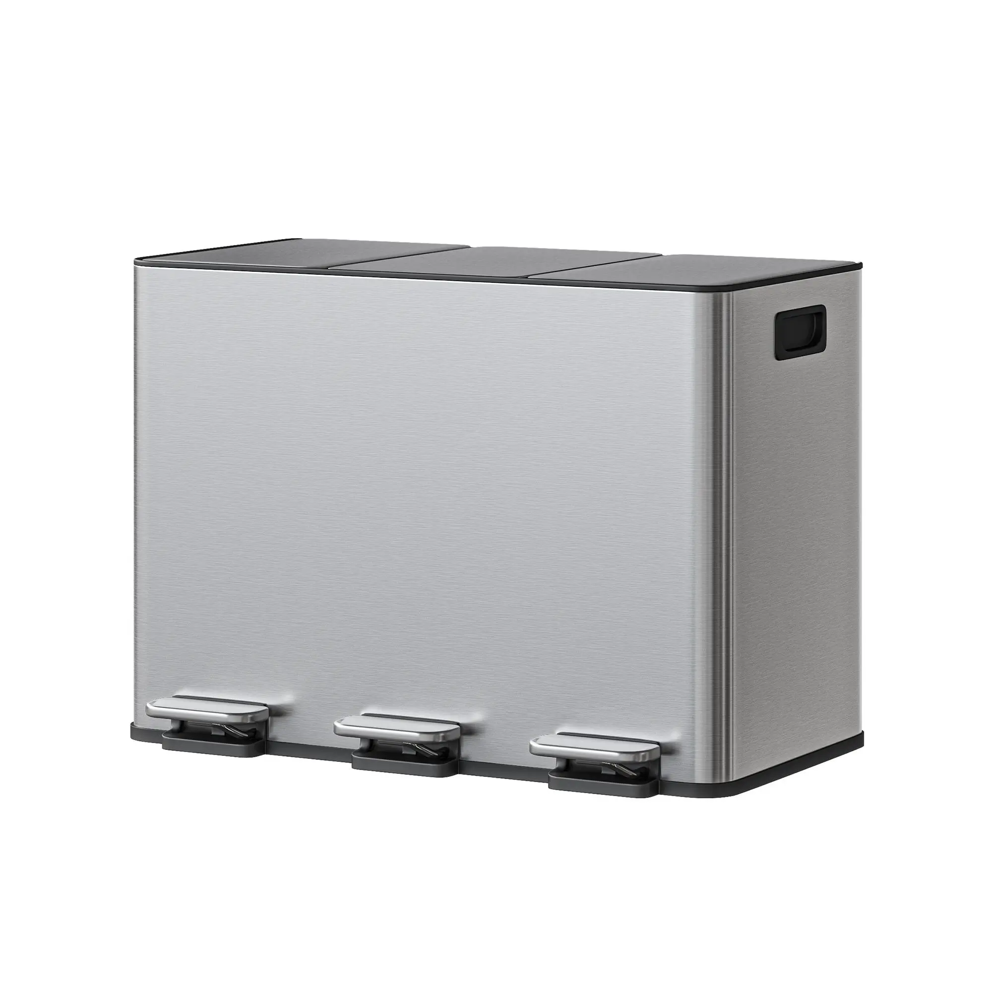 3-Compartment 45L Kitchen Trash Can – Stainless Steel Soft-Close Step Bin for Easy Waste Separation – Removable 15L Buckets, Side Handles, Odor Resistant, Non-Slip Base – Slim Modern Recycling Bin