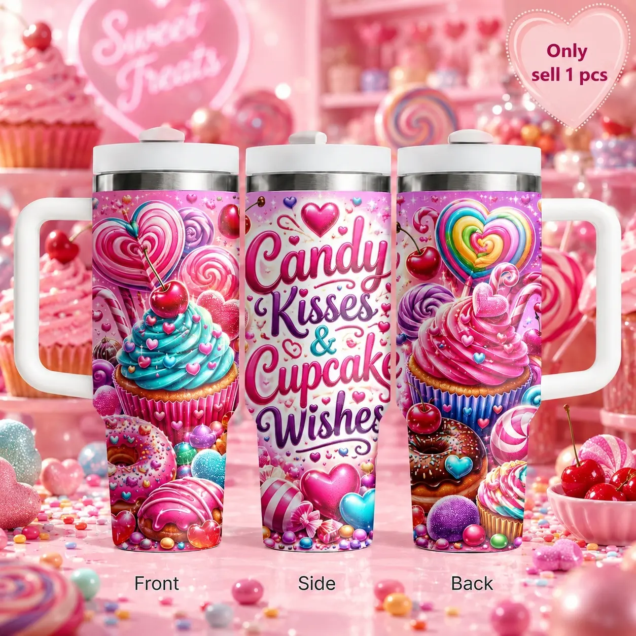 40oz Ice Cream Tumbler with Handle and Straw Lid, Cute Pink Dessert Cupcake Candy Design Stainless Steel Vacuum Insulated Travel Mug, Sweet Aesthetic Gift Cup for Women Girls