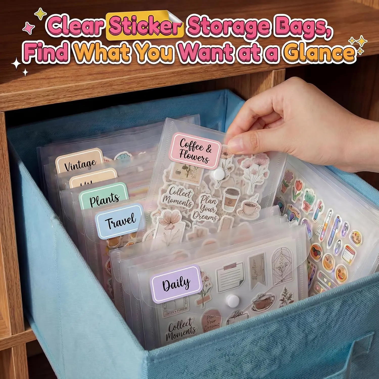 Sticker Organizer, Clear Plastic Envelopes Bags with Snap, 12 Pack Waterproof And Durable for Sticker Storage, Scrapbook Storage, Washi Tape, Scrapbooking And Stamping Supplies (Mixed Sizes), Scrapbooking Storage