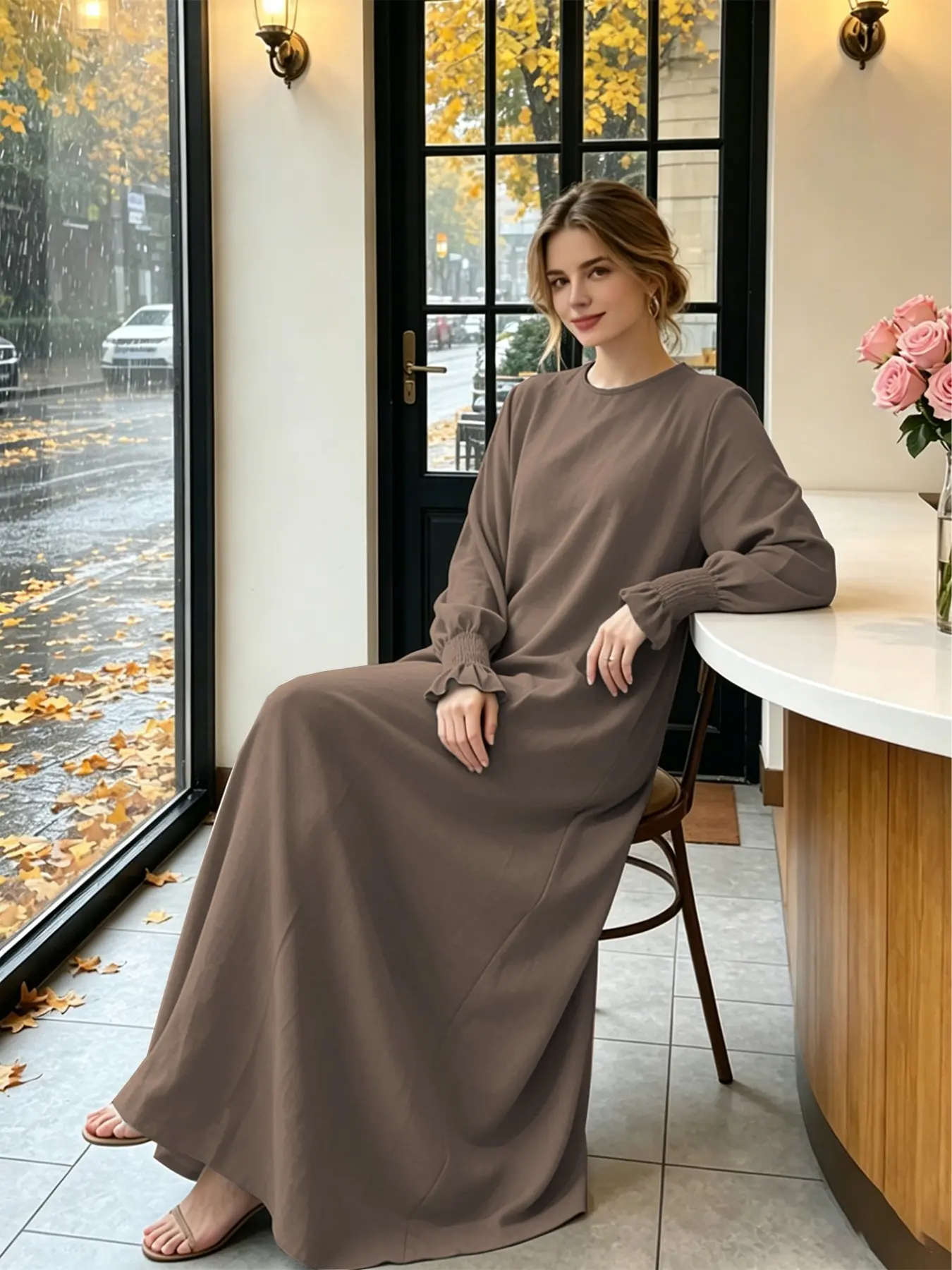 Pure Color Round Neck Elastic Ruffle Hem Lantern Sleeve Muslim Robe, Simple Flowy Loose Long Abaya Dress, Middle East Daily Commute Ramadan Basic Inner Dress