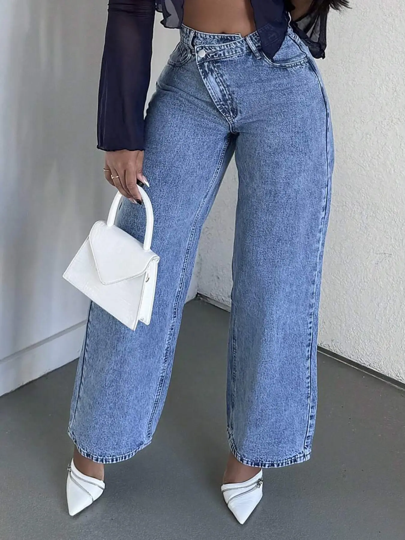 66316# Cross Slant Front Wide Leg Jeans, Casual High Waist Asymmetrical Hem, Loose Fit Straight Leg Denim Jeans, Long Jean Bottoms, Light Wash