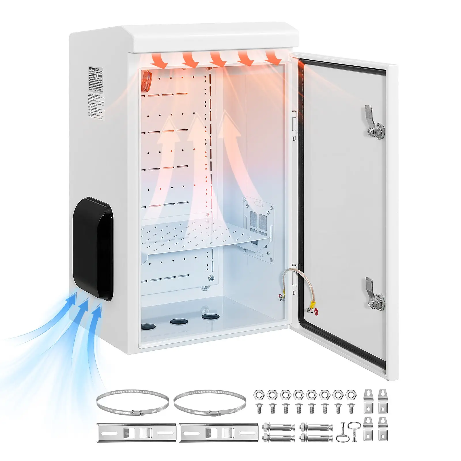 VEVOR IP65 Rated Weatherproof Outdoor Electrical Junction Box, Cold-Rolled Steel Hinged Enclosure with Thermostat, Fan, Ventilation System, Rain Hood, Mounting Kit, 24x16x12 Inches Wall/Pole Mountable