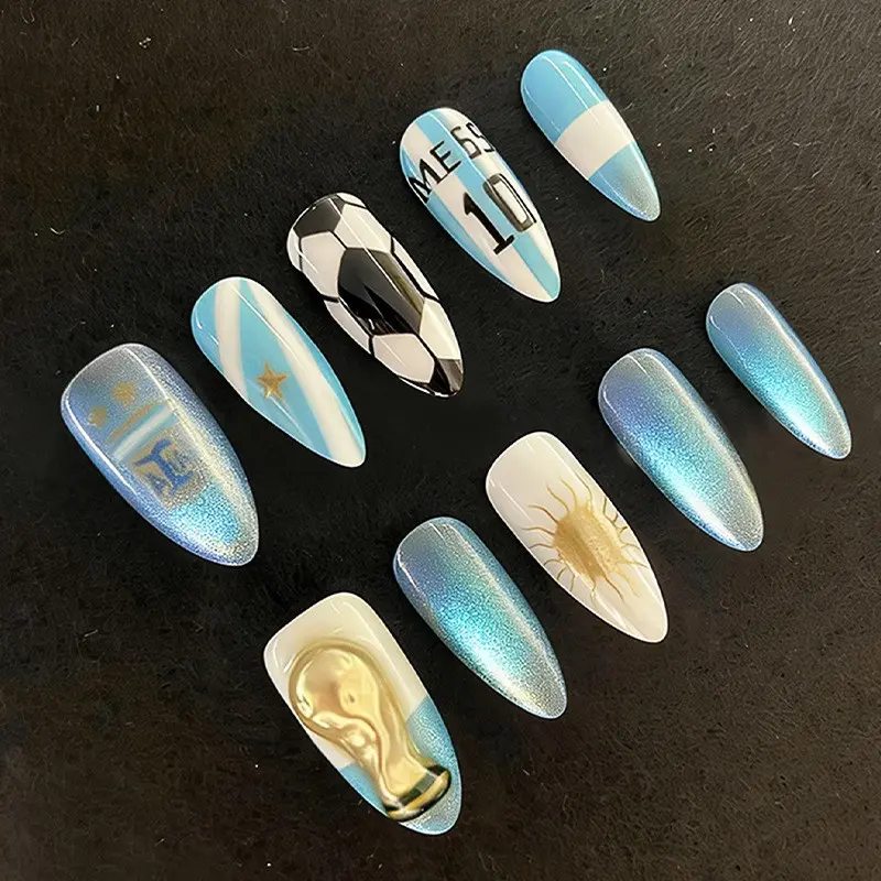 Press On Nails 24PCS Long Almond Y2K Sport Blue Soccer Theme Chrome Gradient Star Number 10 Fake Nails Acrylic Nails Reusable Acrylic False Nails Decorative Nails Summer Party Daily Wear 1 Jelly Glue & 1 Nail File
