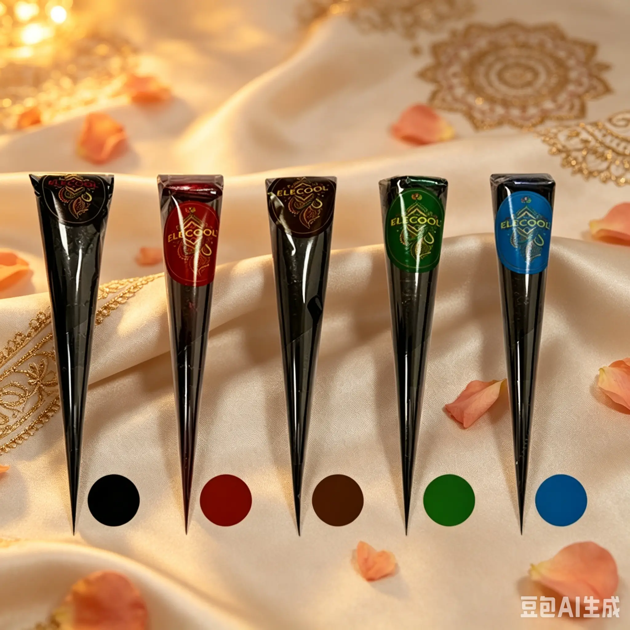Multi-color henna cone kit, Henna cones for skin, made of natural plant extracts, available in brown, black, red, hypoallergenic & skin-safe, long-lasting waterproof pigment, ideal temporary tattoo tool for mandala hand patterns at weddings and parties