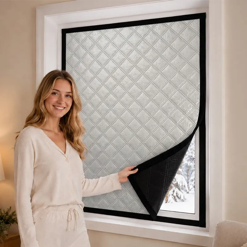 Winter Thermal Blackout Curtain Kit, Thick Silver Quilted Insulated Window Cover, Self-Adhesive No-Drill Draft Blocker for Home Windows